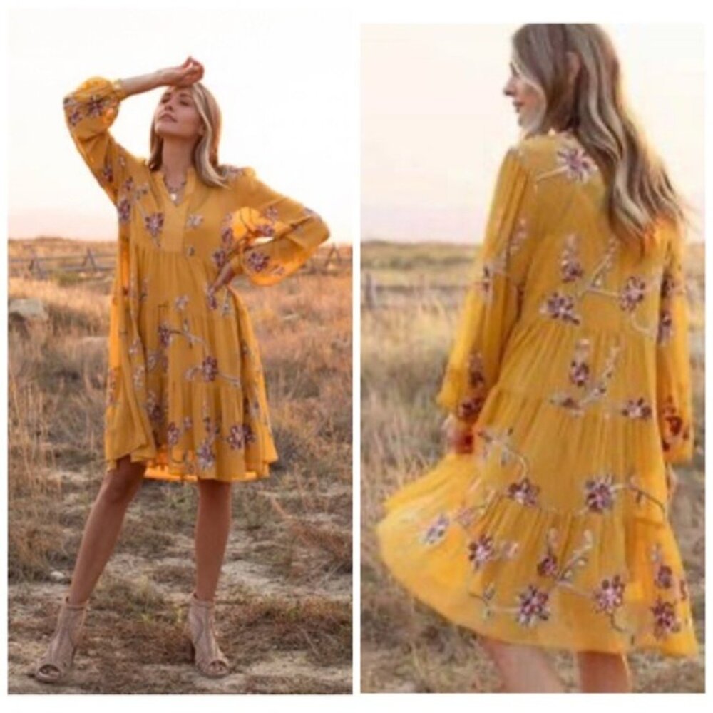 Mustard Floral Tiered Long-Sleeve Dress